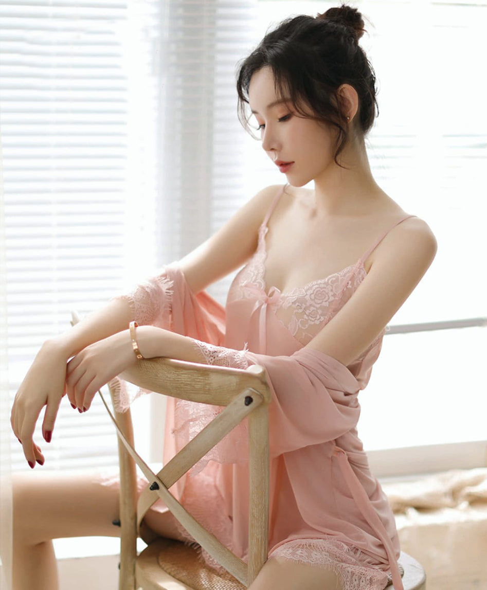 Light Pink Lace Lingerie Set with Robe