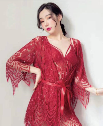 Red Lace Lingerie Set with Robe