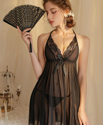 Black Lace Halter Nightgown