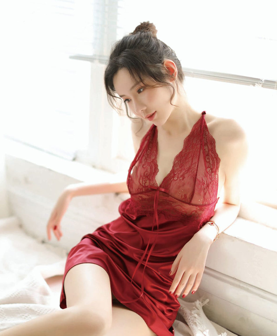 Red Satin & Lace Halter Nightgown