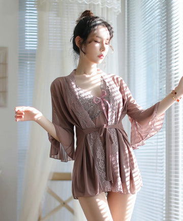 Mauve Lace & Chiffon Lingerie Set with Robe